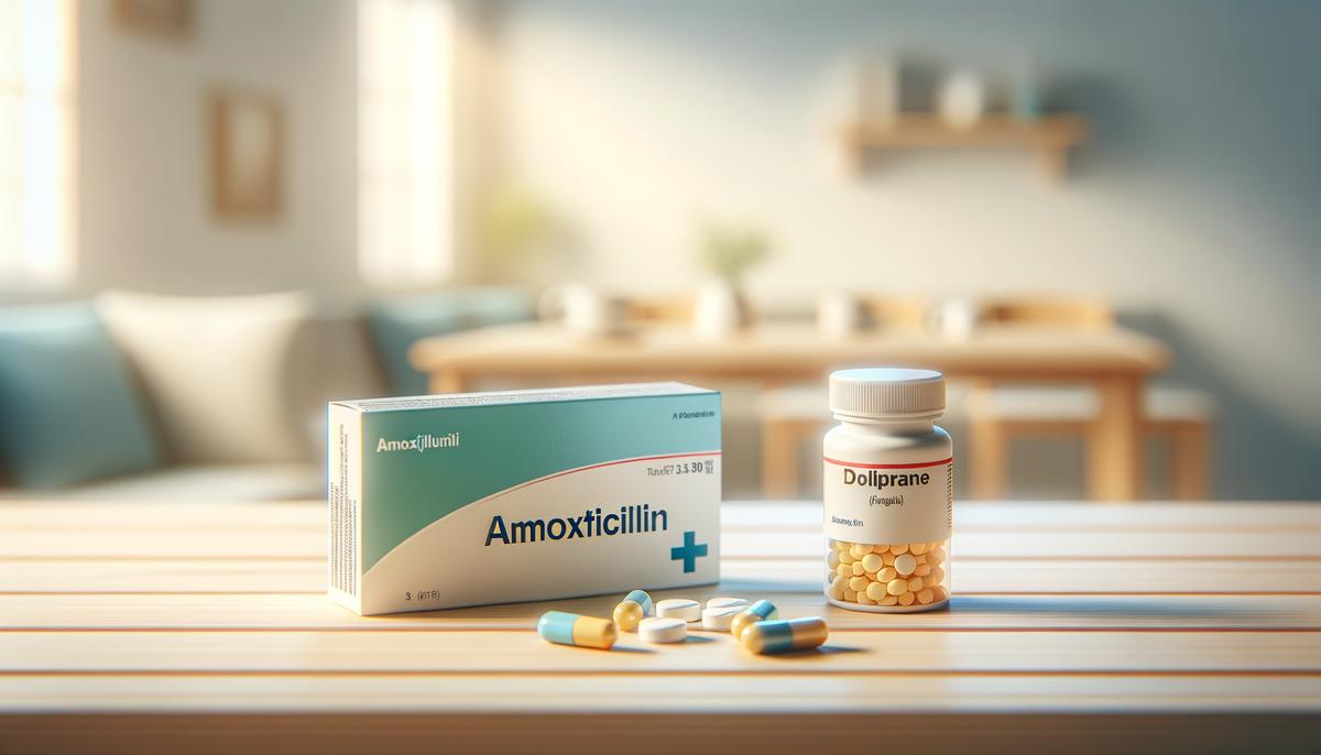 Amoxicilline et Doliprane posés côte à côte, symbolisant leur compatibilité sans danger pour traiter infections et douleurs.
