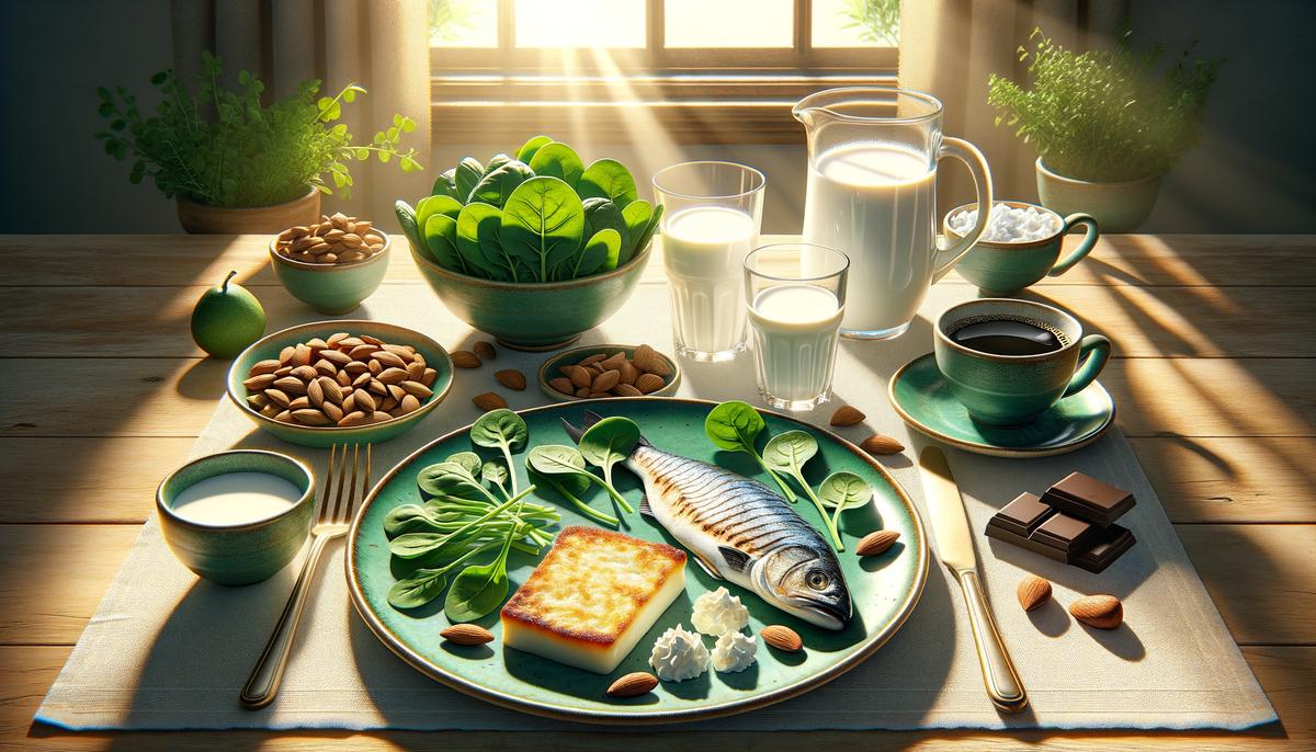 Assiette équilibrée avec yaourt, œufs, légumes verts et thé, aliments recommandés pour réguler l'excès de fer dans le sang.